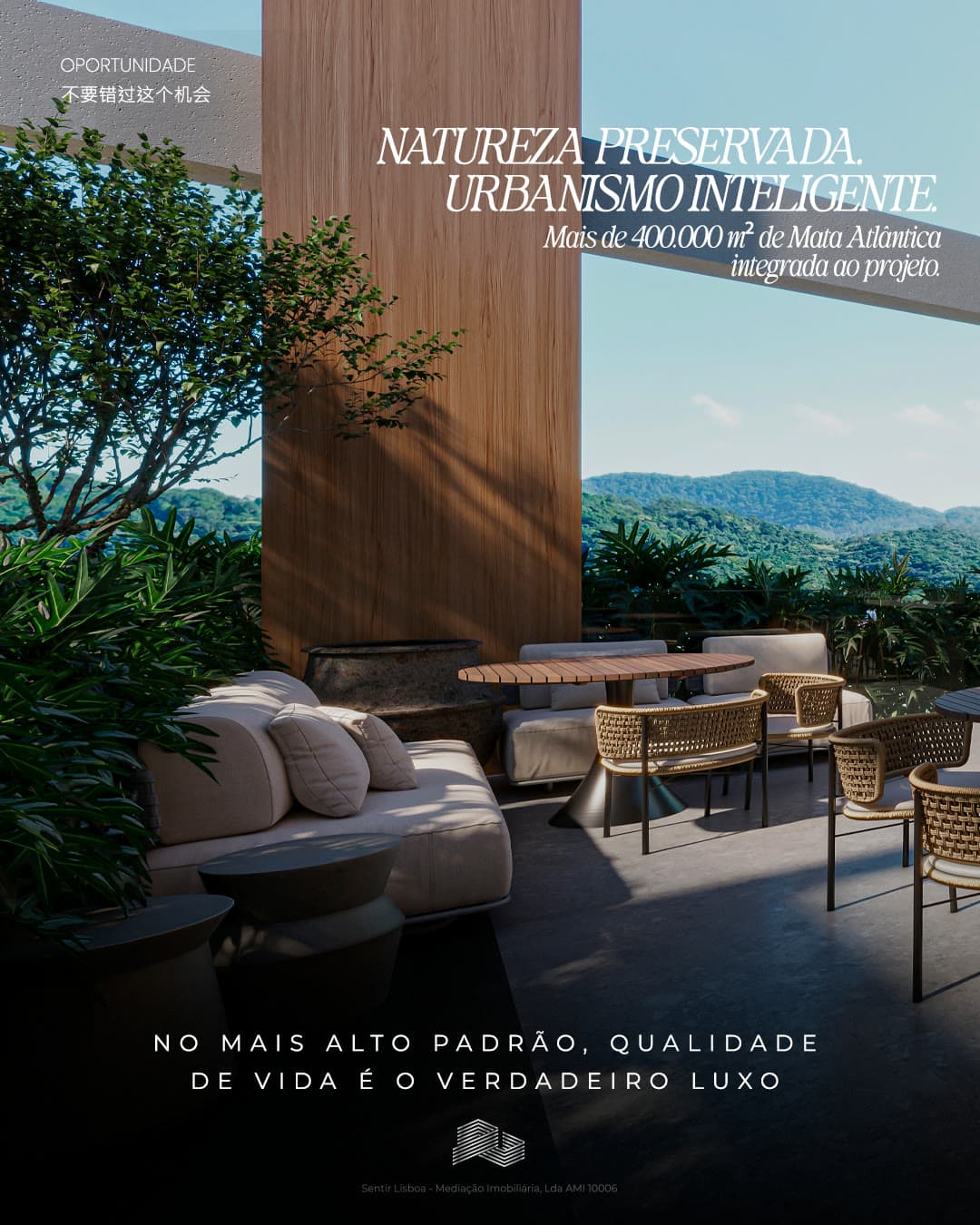Natureza preservada e urbanismo inteligente — mais de 400.000 m² de Mata Atlântica integrada no projeto.